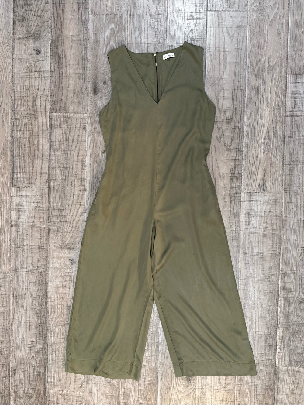 Sleeveless Silky Olive Green V-Neck Jumpsuit missing belt